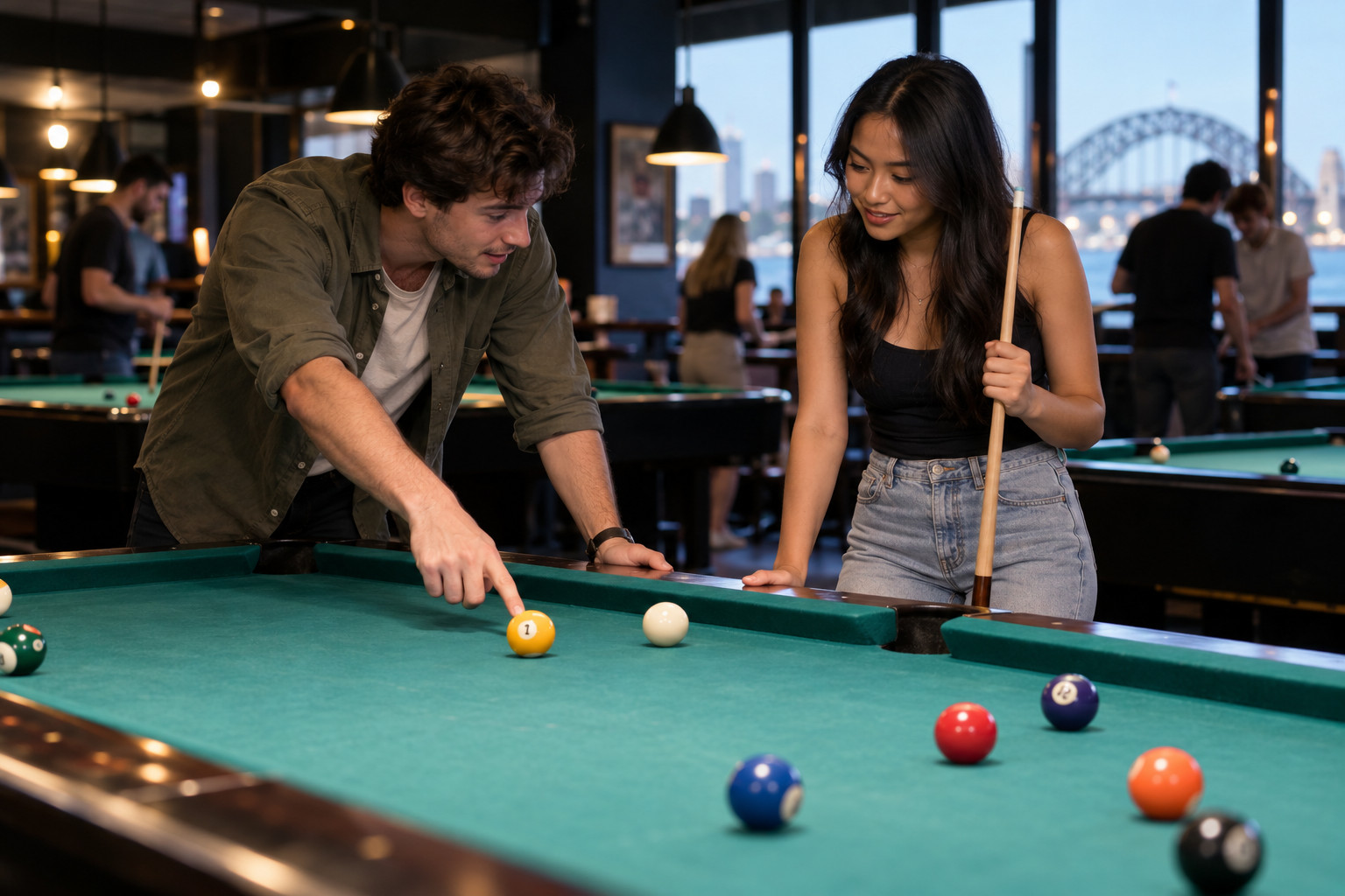 Two friends discussing the next shot on a pool table