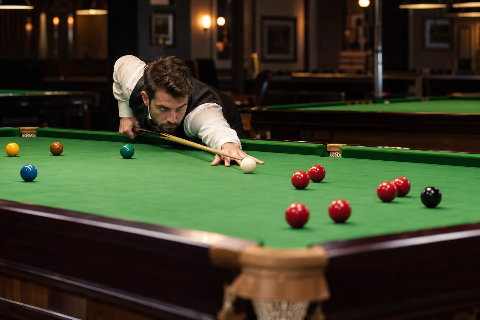 Player reaching across a snooker table to line up a shot