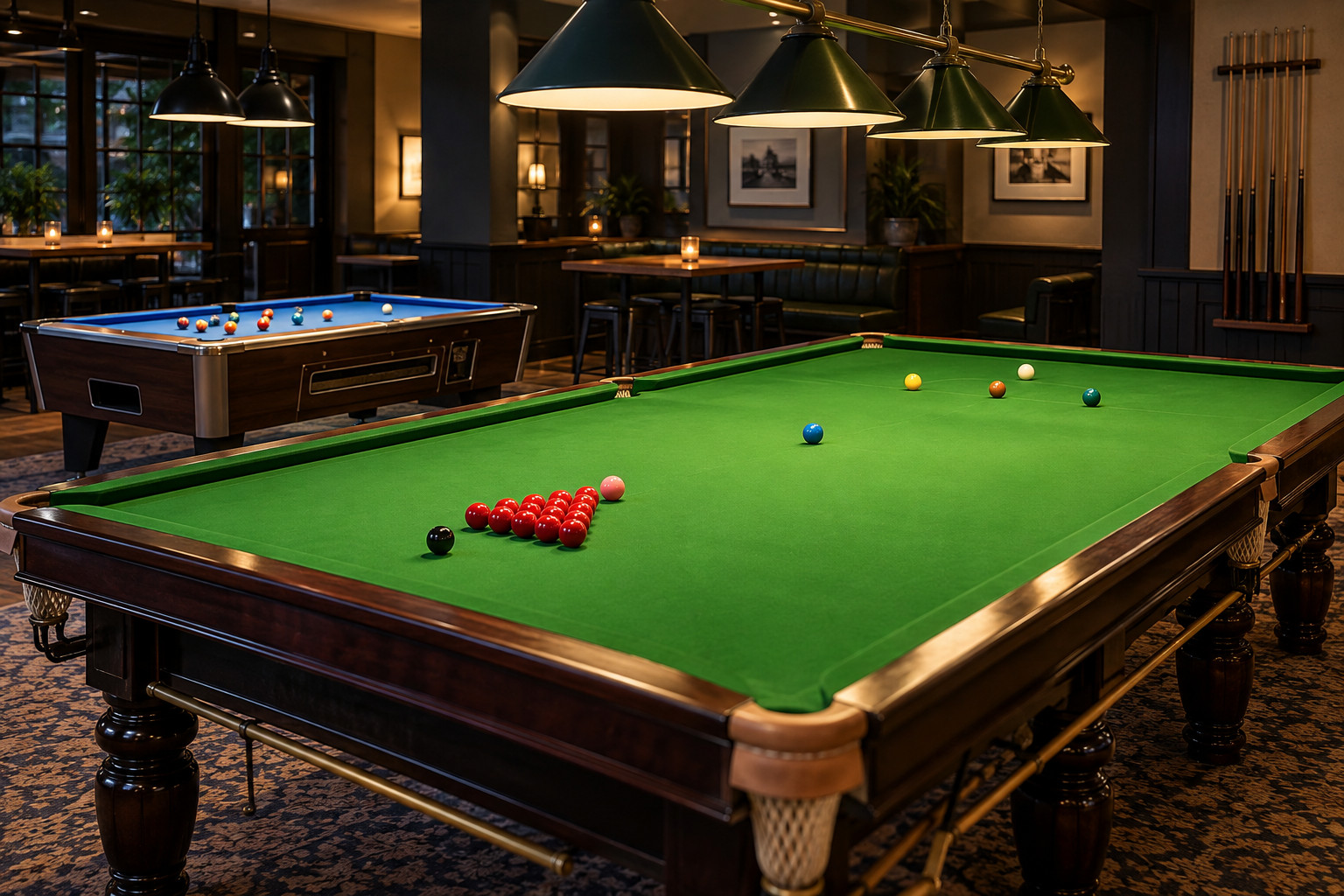 Large green snooker table beside a smaller blue pool table